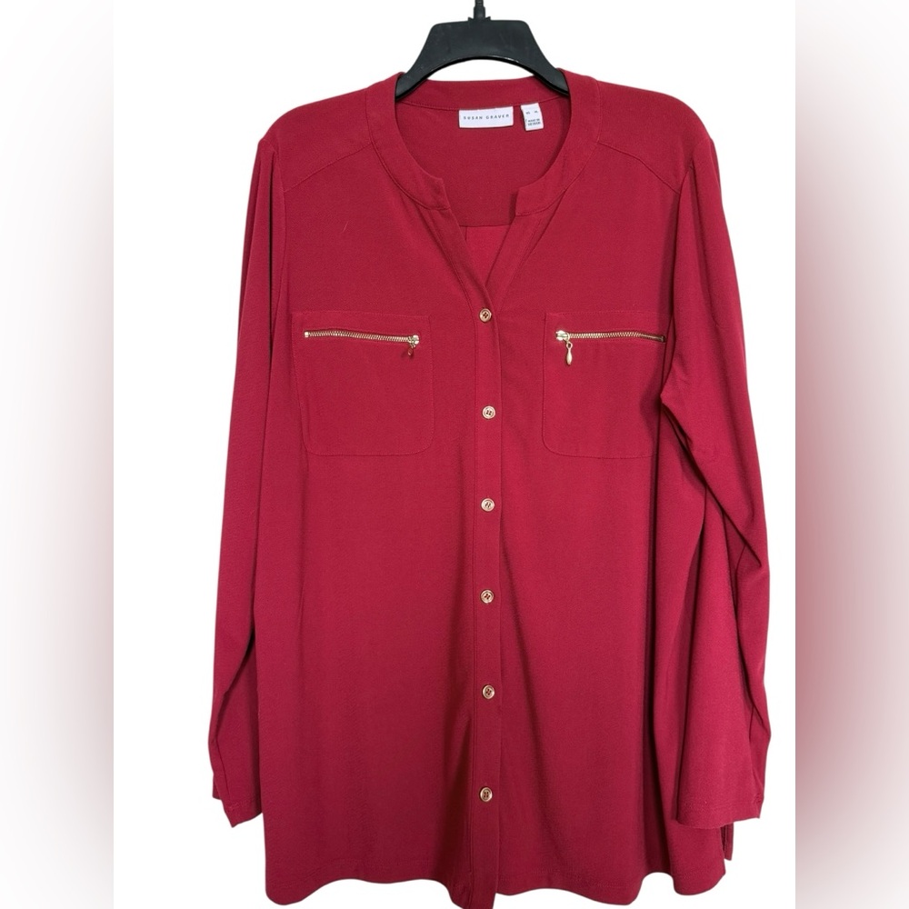 Susan Graver Women's Cranberry Red Button-Front Tunic with Gold Zips Sz XL